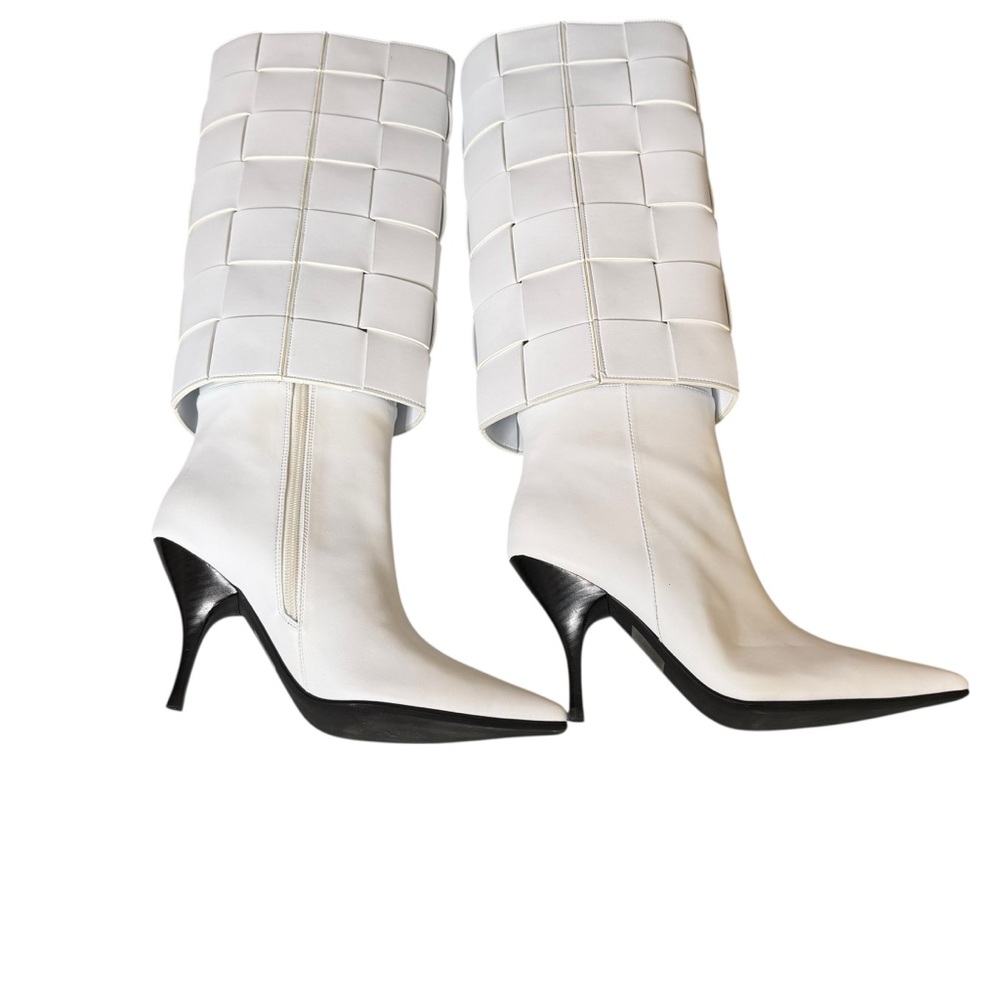 Jeffrey Campbell Skelter White Woven Boots Removable Cuff Size 8.5 Faux Leather